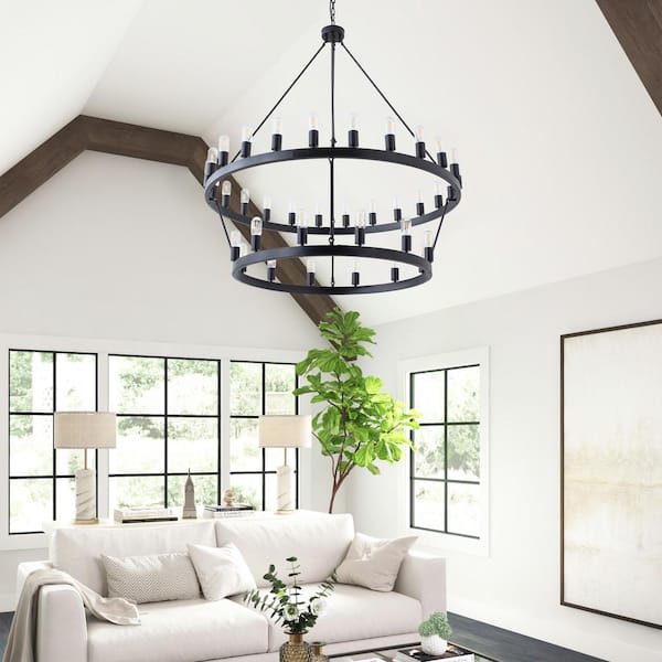47.2 in. 36-Light Farmhouse Black 2-Tier Wagon Wheel Candle Chandelier Round Industrial Pendant Lighting