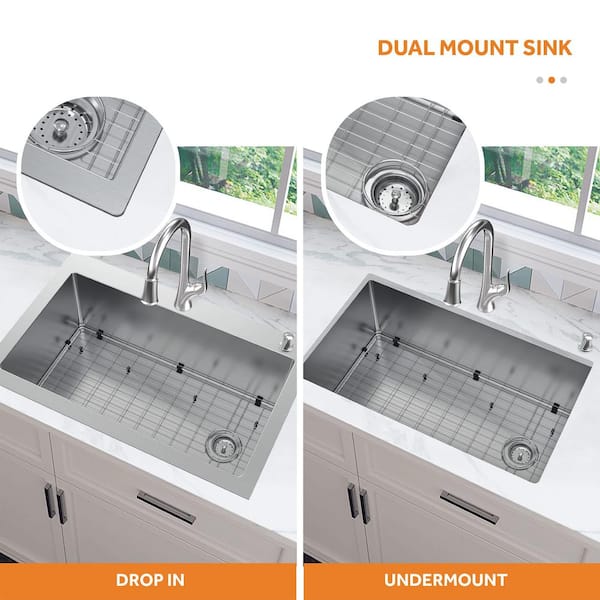 AIO Dolancourt Tight Radius Drop-In/Undermount 18G Stainless Steel 33 in. Single Bowl Kitchen Sink with Pull-Down Faucet