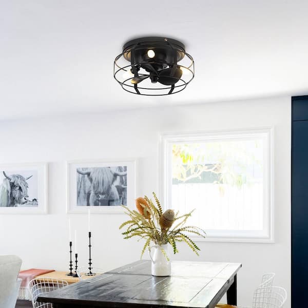 12.2 in. Modern Caged Flush Mount Black Ceiling Fan with Light and Remote Control
