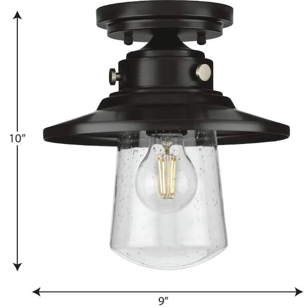 Tremont Collection 1-Light Matte Black Clear Seeded Glass Farmhouse Semi-Flush Mount Ceiling Light