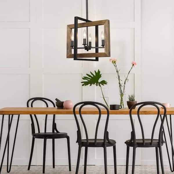 4-Light Black Modern Farmhouse Geometric Caged Wood Candelabra Chandelier LED Compatible Pendant Lighting