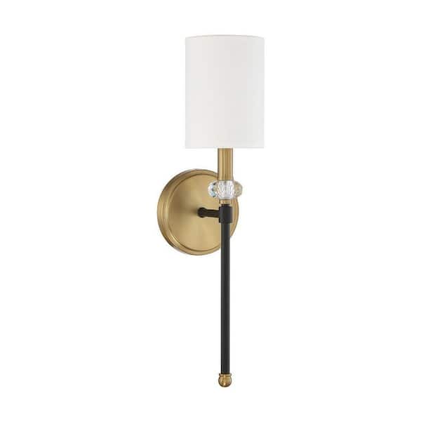 Tivoli 5 in. W x 19 in. H 1-Light Matte Black/Warm Brass Wall Sconce with Faceted Crystal Bauble and White Fabric Shade