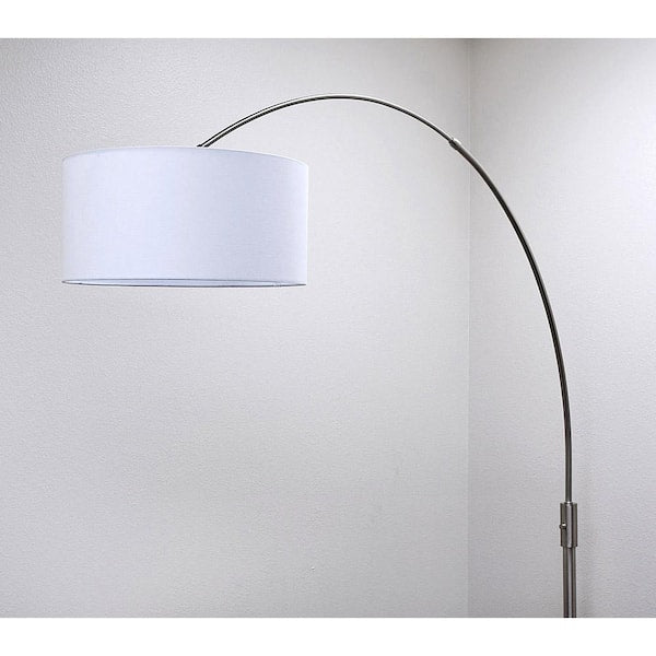 Orbita 82 in. Brushed Nickel Finish Dimmable Retractable Arch Floor Lamp, Bulb Included with Drum White Shade