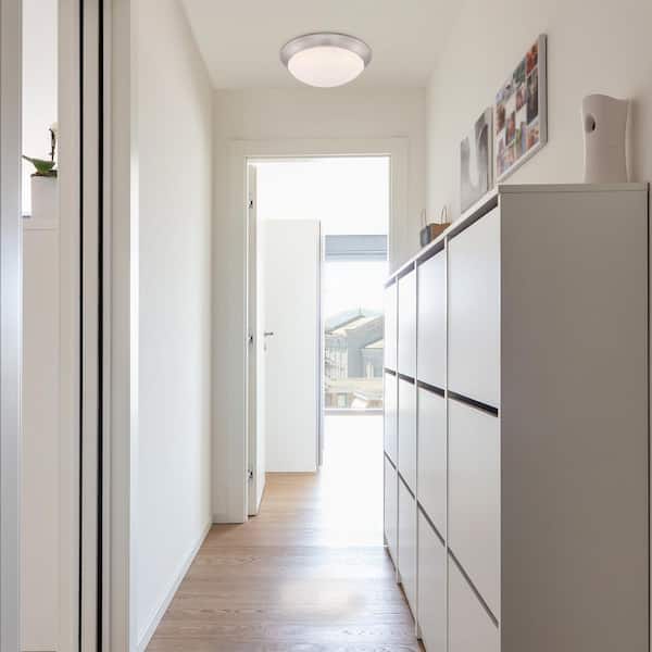 11 in. 120-Watt Equivalent Brushed Nickel 2700K CCT LED Ceiling Light Flush Mount with Frosted White Glass Shade