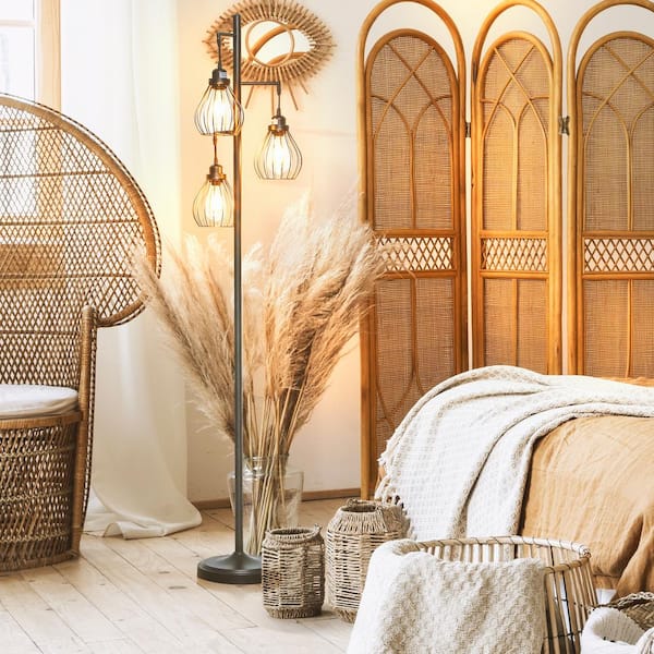 Teardrop 68 in. Black LED Tree Floor Lamp with 3 Cage Shades and Edison Bulbs