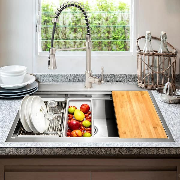 Handmade All-in-One Topmount Stainless Steel 30 in. x 22 in. Single Bowl Kitchen Sink w/ Spring Neck Faucet, Accessory
