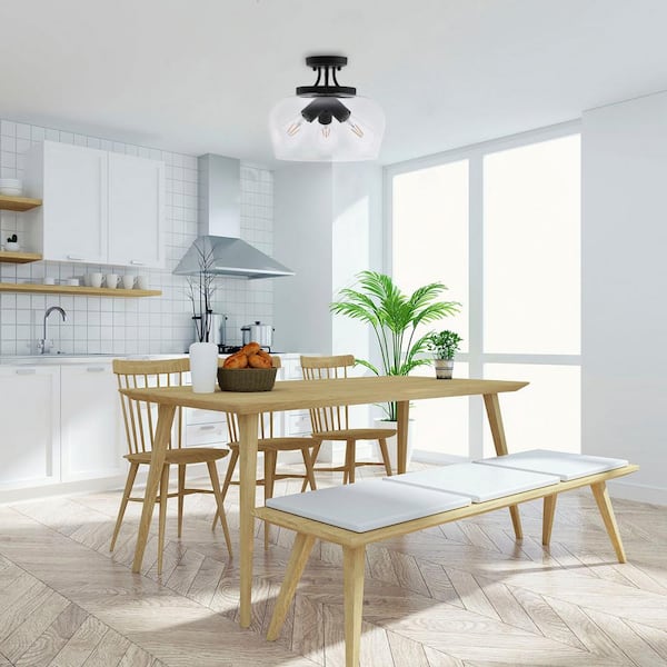 14 in. 3-Light Matte Black Semi-Flush Mount with Clear Glass Shade