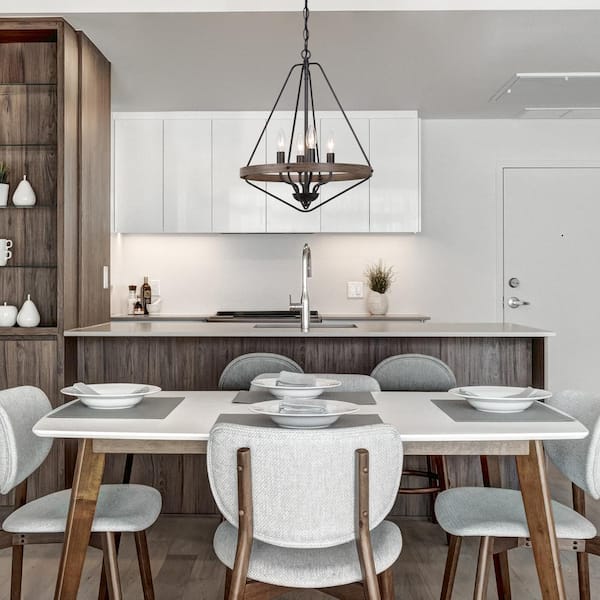 Modern Black Caged Chandelier 4-Light Brown Candlestick Rustic Foyer Chandelier Lamp with Faux Wood Accents