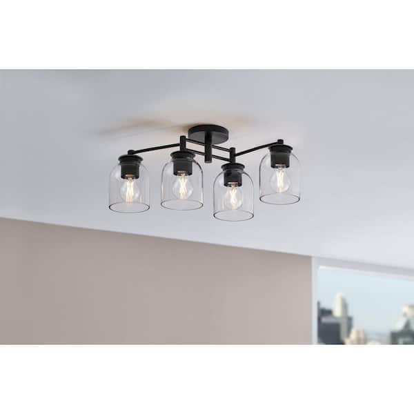 Boundbrook 26.25 in. 4-Light Matte Black Semi-Flush Mount with Clear Glass Shades