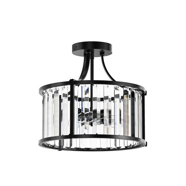 Modern 12.6 in. 3-Light Crystal Semi-Flush Mount Matte Black Close to Ceiling Light Fixtures