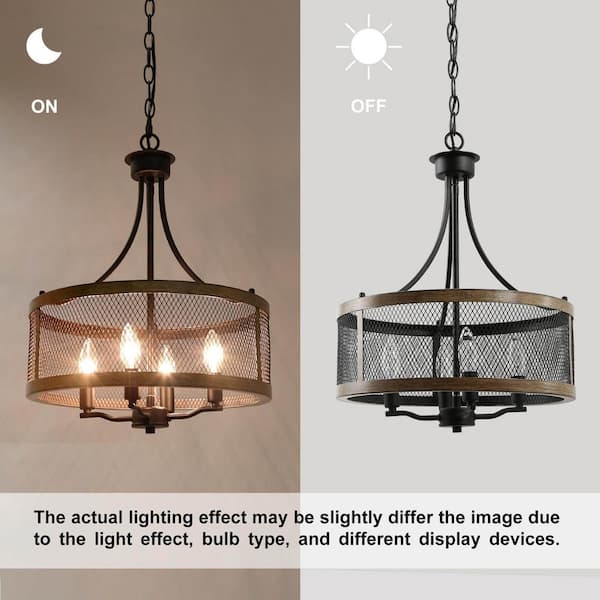 Black Drum Chandelier 4-Light Candlestick Dark Brown Farmhouse Round Pendant with Open Cage Frame and Wood Accent
