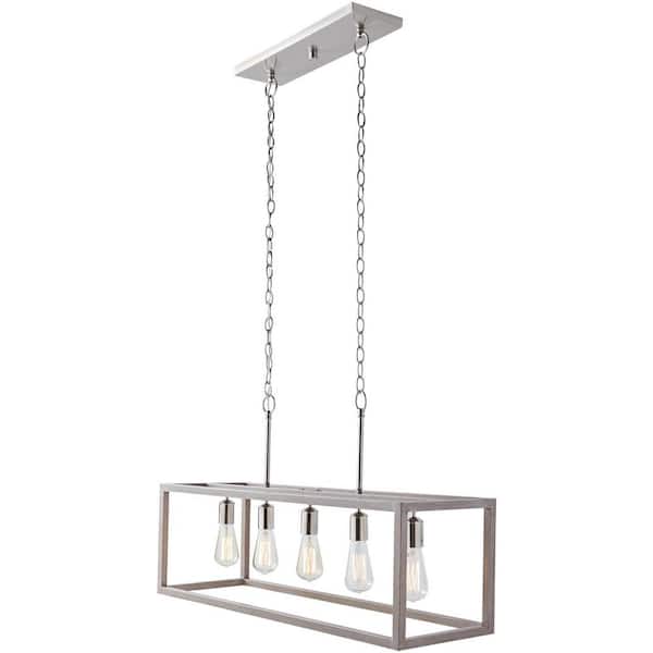 Boswell Quarter 5-Light Brushed Nickel With Weathered Wood Accents Coastal Linear Island Chandelier Bulbs Included
