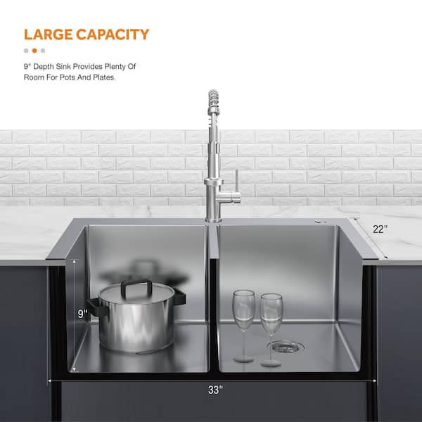 AIO Tight Radius Drop-In/Undermount 18G Stainless Steel 33 in. 50/50 Double Bowl Kitchen Sink with Spring Neck Faucet