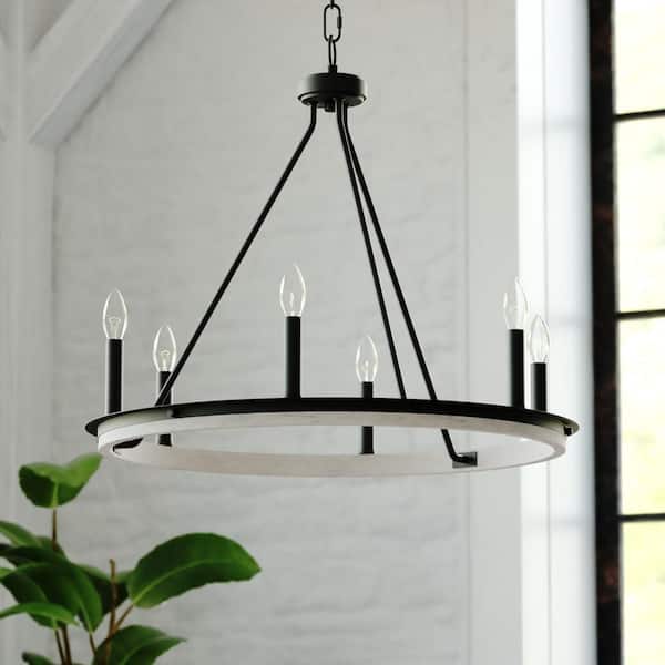 Russel 6-Light Matte Black and Weathered Gray Farmhouse Candle Wheel Chandelier