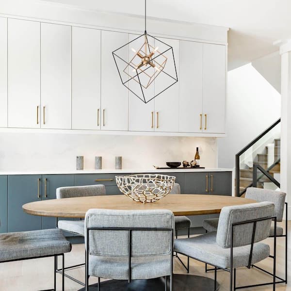 Black Sputnik Candlestick Island Chandelier, Linear Square Modern Industrial 6-Light Gold Nested Cage Pendant Light