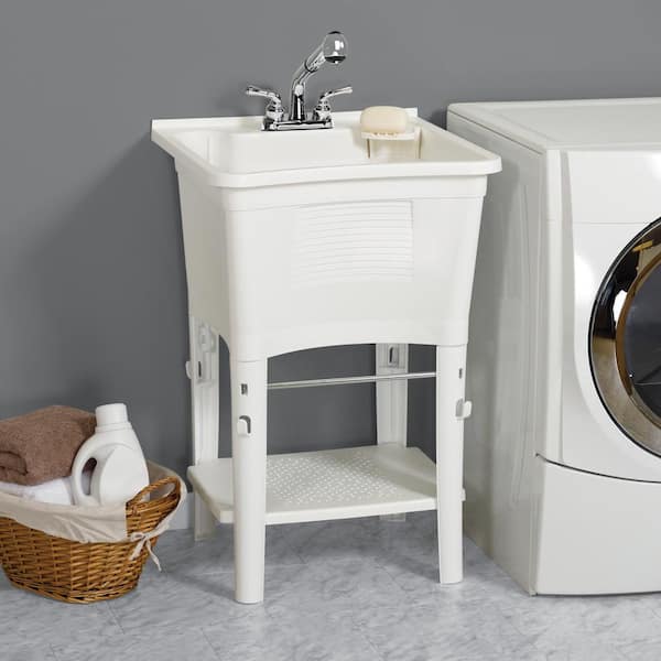 All-in-One 24 in. x 24 in. 20 Gal. Freestanding Laundry Tub in White, with Non-Metallic Pull-Out Faucet in Chrome