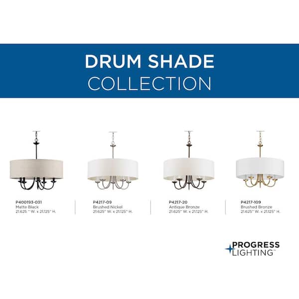 Drum Shade 5-Light Brushed Bronze White Fabric Shade New Traditional Chandelier Light