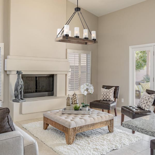 Brown Rectangular Chandelier, Farmhouse Wood 8-Light Black Dining Room Chandelier with Cylindrical Frosted Glass Shades