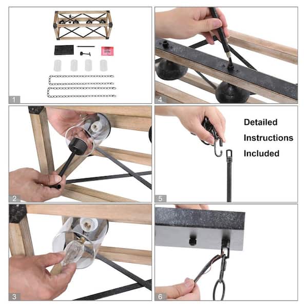 Farmhouse Wood Island Chandelier, Distressed Black Hanging Ceiling Light 4-Light Modern Pendant with Clear Glass Shades