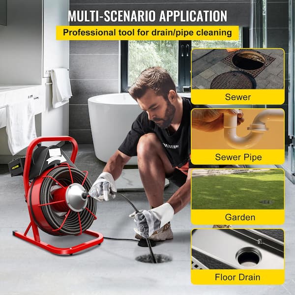 Electric Drain Auger 75 ft. x 1/2 in. Drain Cleaner Machine 370W with Cutters Glove Sewer Snake fit 1 in. to 4 in. Pipe