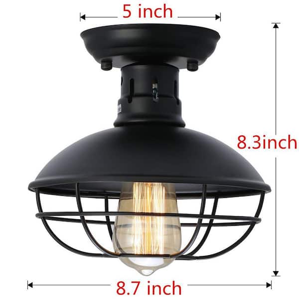 8.7 in. 1-Light Vintage Black Farmhouse Style Metal Cage Semi-Flush Mount Ceiling Light