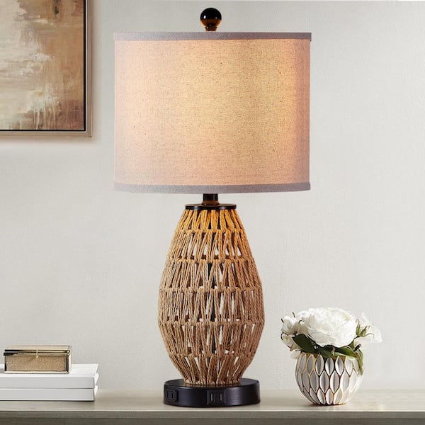 Adone 23 in. H Brown Touch Control Rattan Table Lamps with 2 USB Ports and AC Outlet