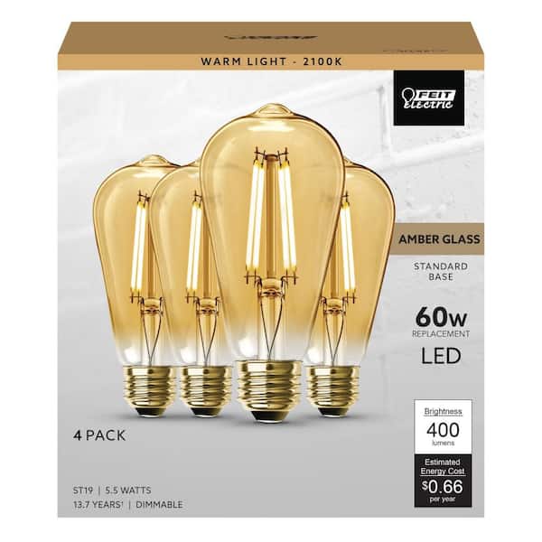 60-Watt Equivalent ST19 Dimmable Straight Filament Amber Glass Vintage Edison E26 LED Light Bulb, Warm White (4-Pack)
