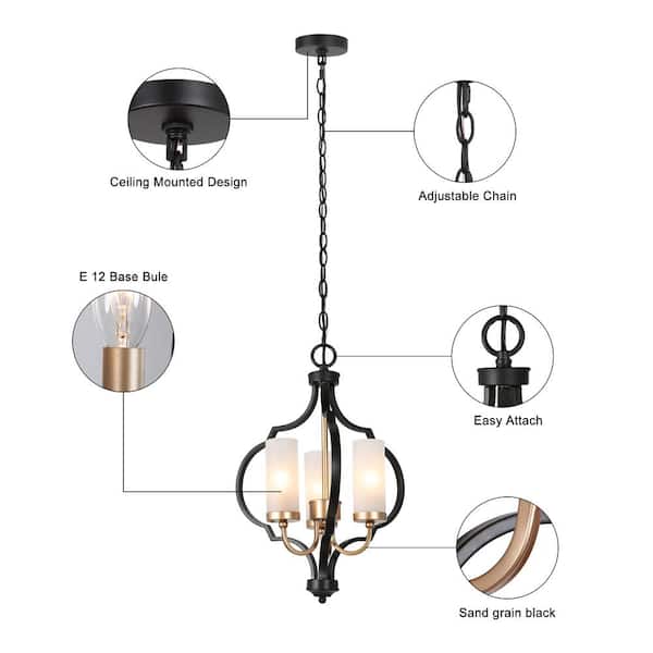 Modern 3-Light Black and Gold Chandelier with Glass Shade Candlestick Pendant Light