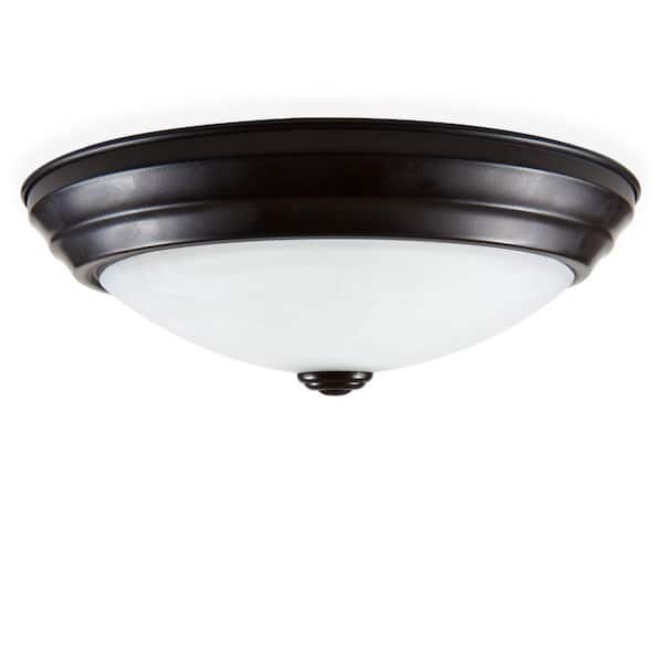 11 in. Satin Bronze Integrated 2700K CCT LED Ceiling Light Flush Mount with Alabaster Glass