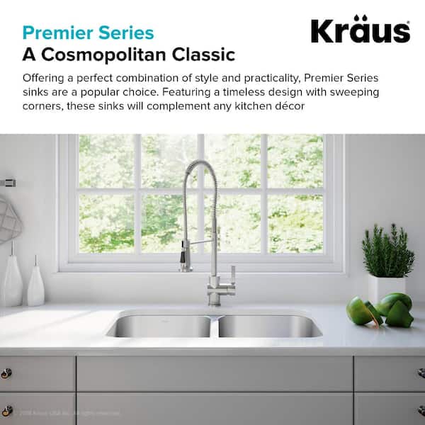 Premier Undermount Stainless Steel 32 in. 50/50 Double Bowl Kitchen Sink