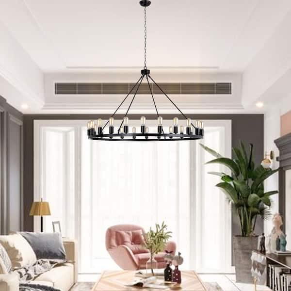 Bismarck 24-Light Black Candle Style Wagon Wheel Chandelier