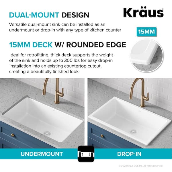 Turino White Fireclay 29.88 in. Single Bowl Drop-In/Undermount Kitchen Sink