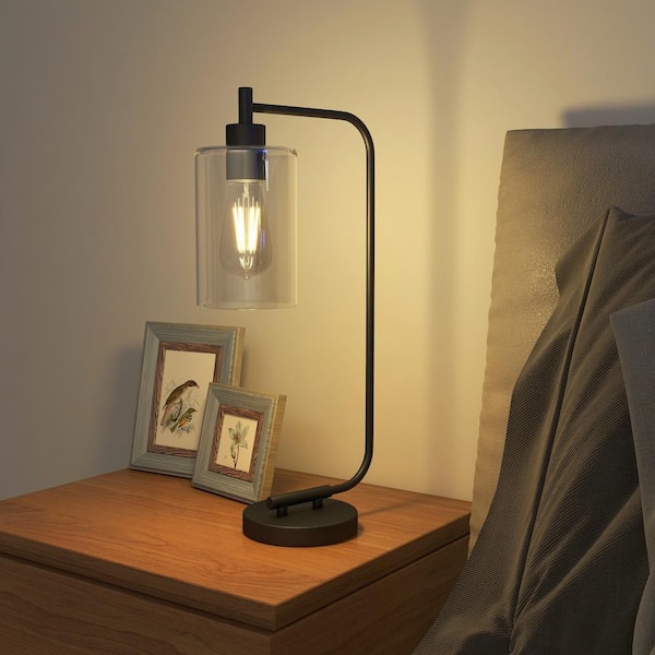 19 in. 1-Light Matte Black Table Lamp with Clear Glass Shade