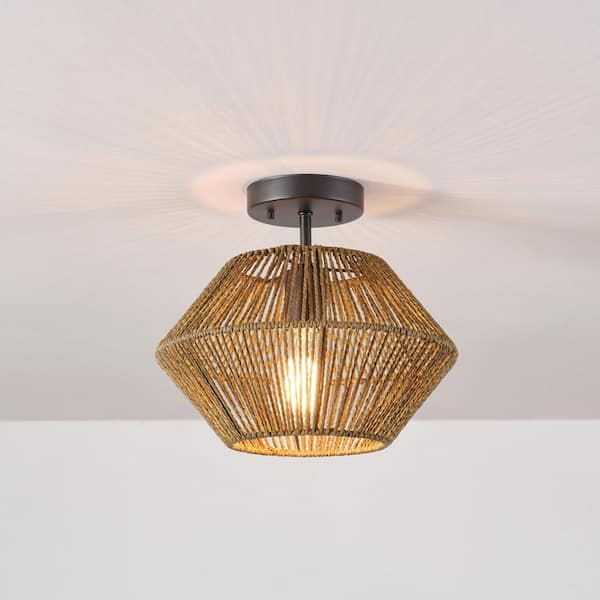 12 in. 1-Light Matte Black Flush Semi-Flush Mount Ceiling Light with Natural Twine Shade