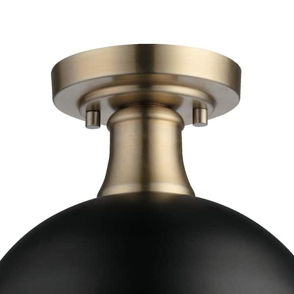 Beckett 10.35 in. 1-Light Matte Black Semi-Flush Mount with Matte Brass Accents