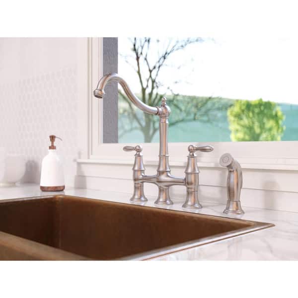 Courant Two Handle Bridge Kitchen Faucet with Side Spray in Stainless Steel