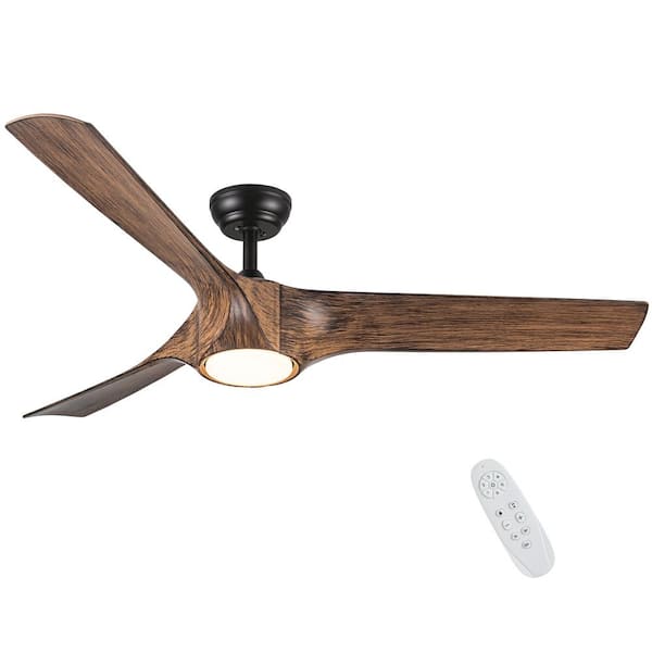 56 in. Indoor Matte Black Integrated LED Brown Wood Ceiling Fan with Light Kit