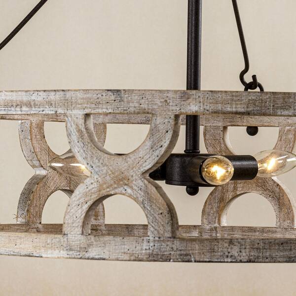 Farmhouse 3-Light Distressed White Wood Drum Chandelier Dining Room Pendant Lighting
