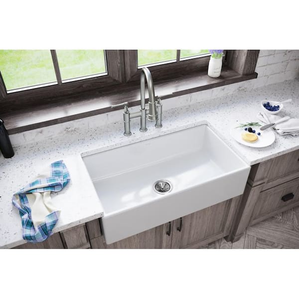 Burnham White Fireclay 33 in. Single Bowl Farmhouse Apron Kitchen Sink