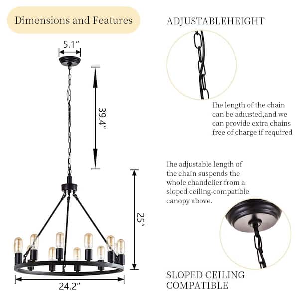Bismarck 12 -Light Black Unique Wagon Wheel Chandelier with Wrought Iron Accents