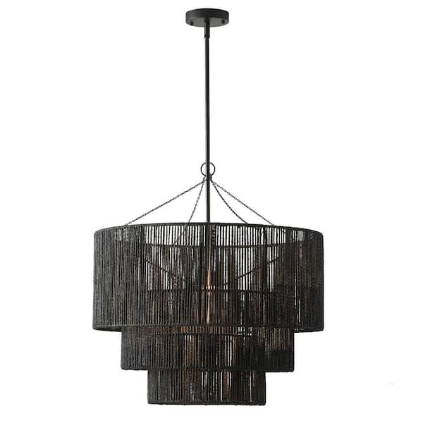 23.62 in. 1-Light Farmhouse Black Coastal Woven Chandelier with Rattan Basket Shade