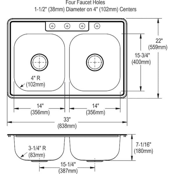 33 in. Drop in Double Bowl 22 Gauge Stainless Steel Kitchen Sink with 4-Holes