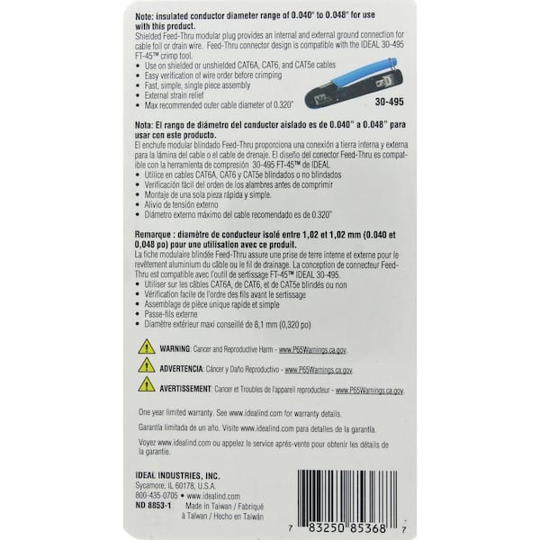 Shielded Feed-Thru CAT6A/6/5e Modular Plugs, 25/Card