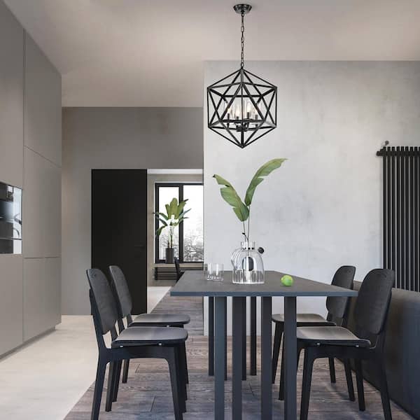 Renzo 4-Light Antique Black Geometric Iron Modern Farmhouse Cage Chandelier with Clear Glass Shades