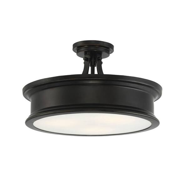 Watkins 16 in. W x 9.25 in. H 3-Light Classic Bronze Semi-Flush Mount Ceiling Light with Opal Glass Shade Cover