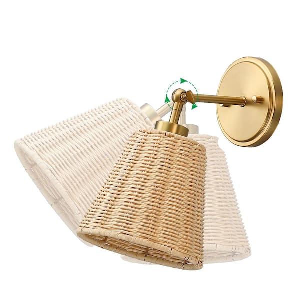 Adella 1-Light Brass Boho Natural Rattan Hardwired Wall Sconce with Adjustable Swivel Swing Arm
