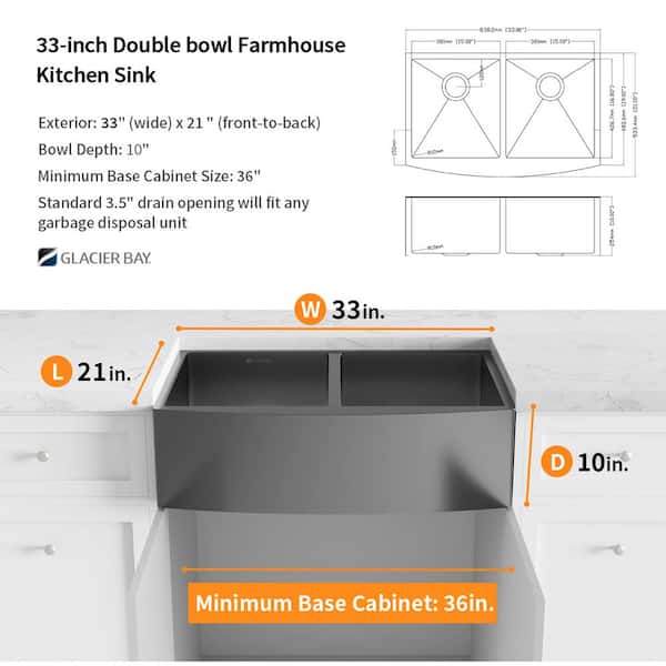 Gunmetal Black Stainless Steel 33 in. 18-Gauge Double Bowl Farmhouse Kitchen Sink with Black Spring Neck Faucet