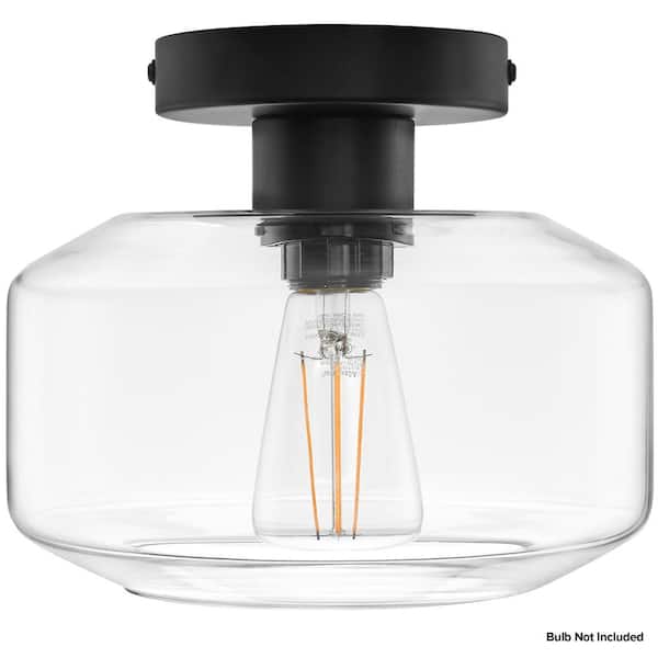Semi Flush Mount Industrial Ceiling Light Fixture, Black with Clear Glass Pendant Lamp Shade, Bulb Not Included