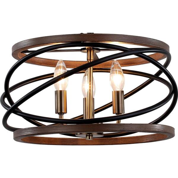 15.75 in. 3-Light Antique Gold and Walnut Ringed Candelabra Semi- Flush Mount
