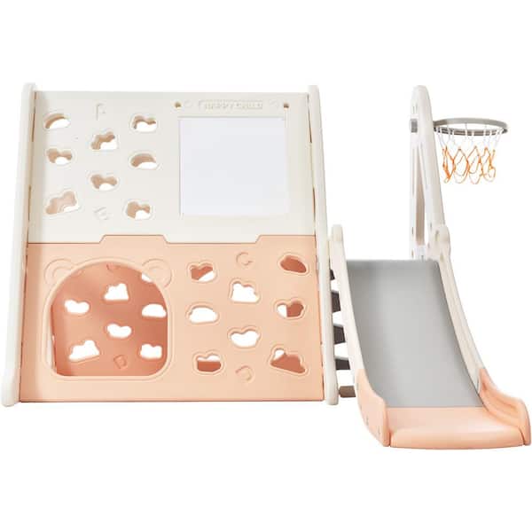 7-In-1 Light Pink HDPE Playset with Tunnel, Climber, Whiteboard, Toy Building Block Baseplates, Basketball Hoop